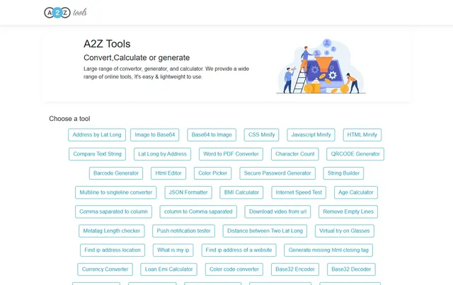 The A2Z Tools homepage in November 2021: the first circle logo and a list of tool buttons