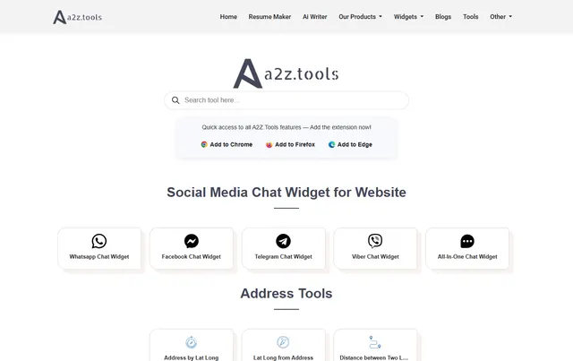 The A2Z Tools homepage in 2025 with a search bar, browser extension links and chat widgets