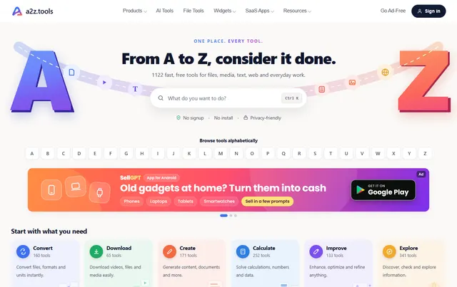 The A2Z Tools homepage today: From A to Z, consider it done