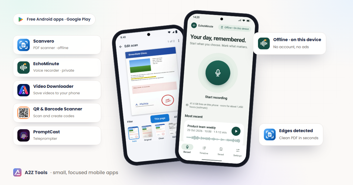 A2Z Tools Android apps: Scanvero, EchoMinute, Video Downloader, QR & Barcode Scanner and PromptCast