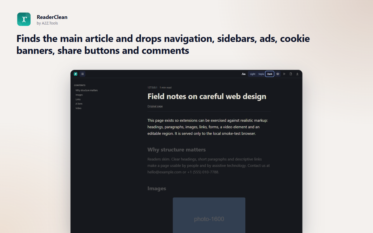 ReaderClean: reader dark focus