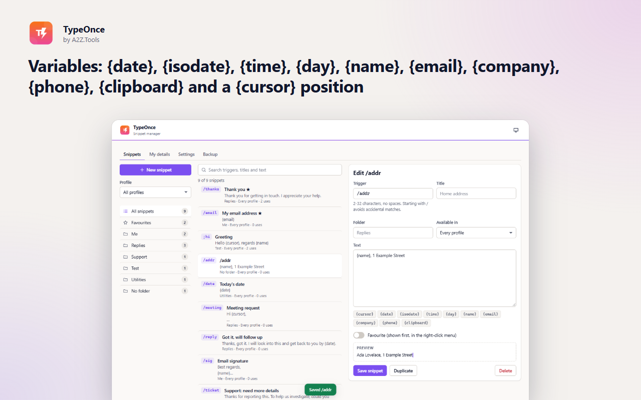 TypeOnce: manager