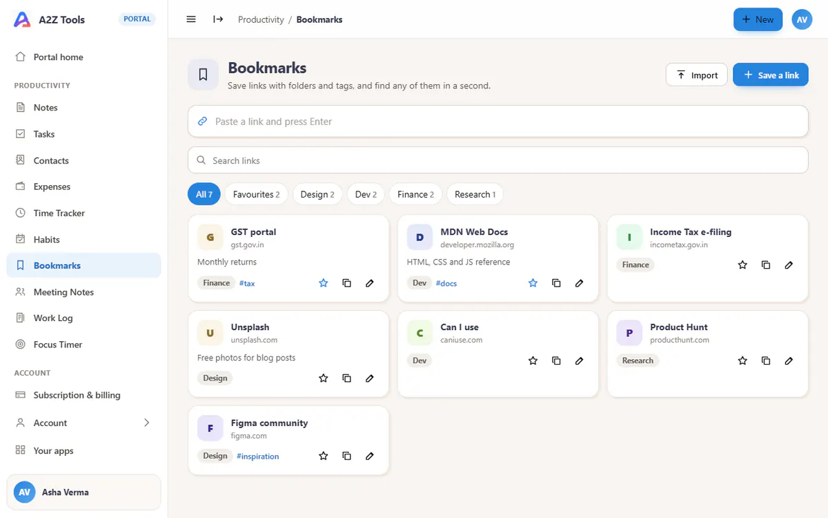 Bookmarks in the A2Z portal, with sample data