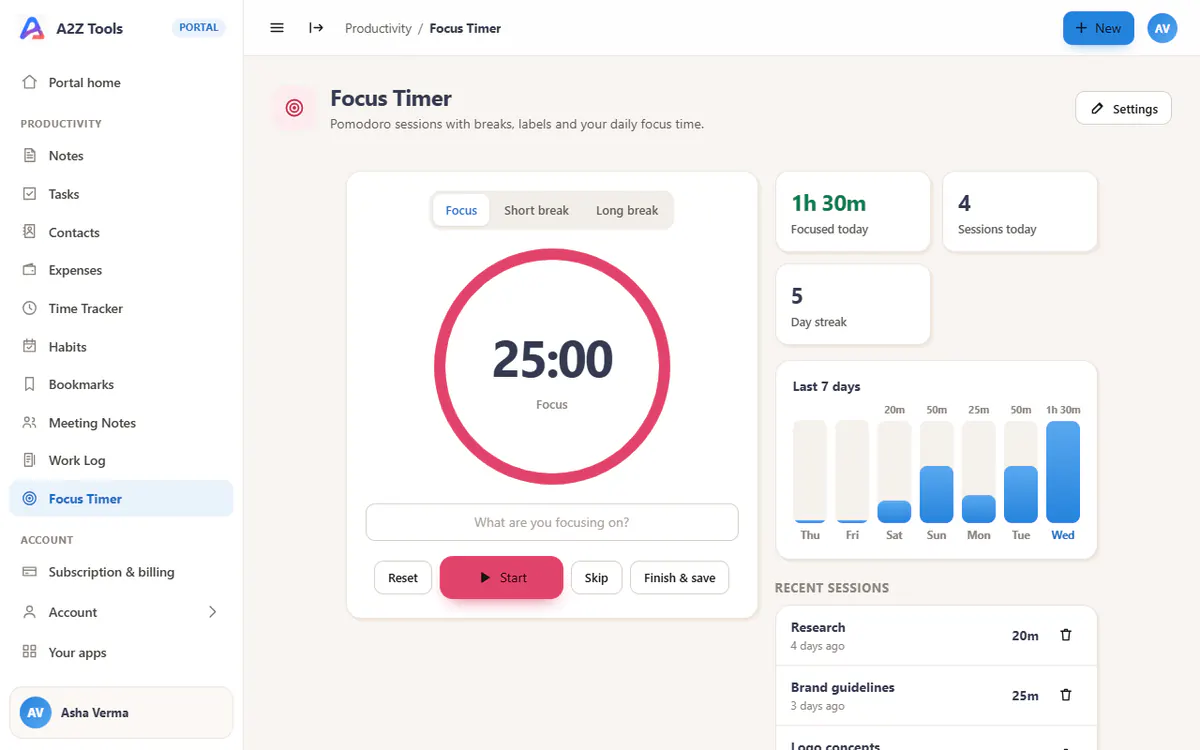Focus Timer in the A2Z portal, with sample data