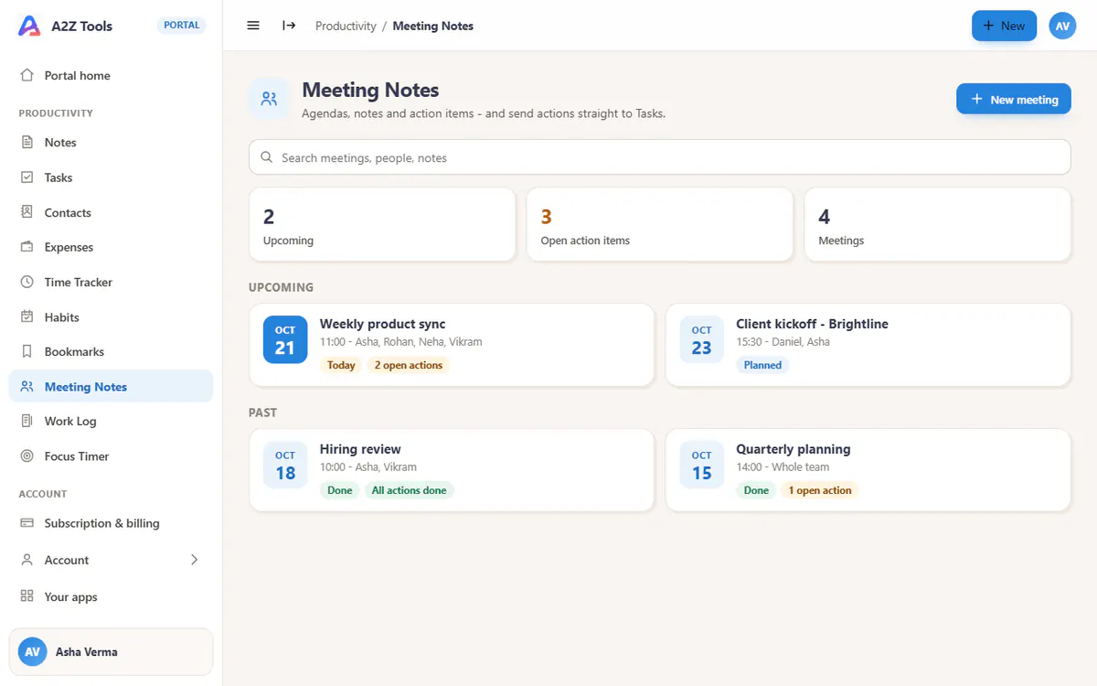 Meeting Notes in the A2Z portal, with sample data