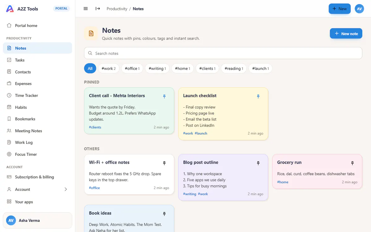 Notes in the A2Z portal, with sample data