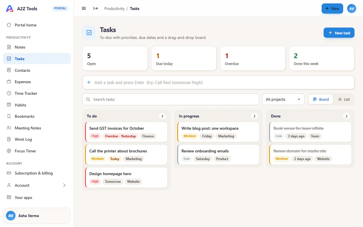 Tasks in the A2Z portal, with sample data