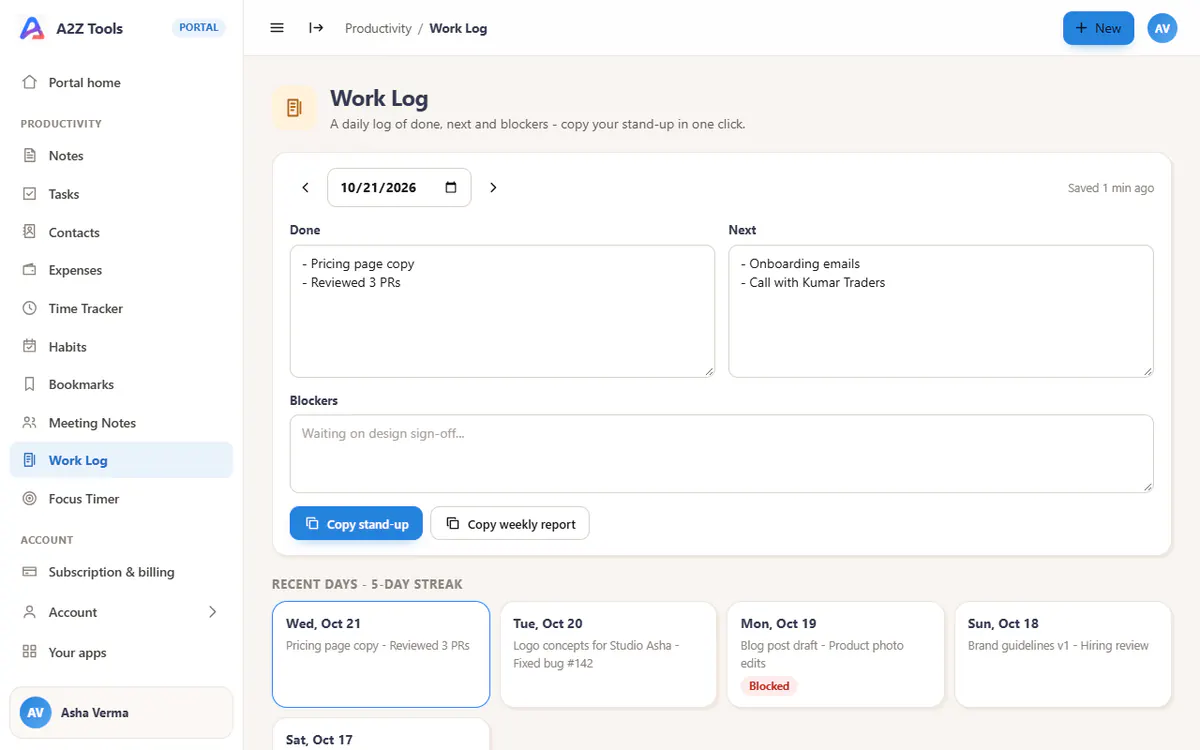 Work Log in the A2Z portal, with sample data